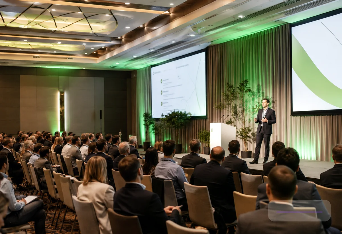 Conference delegates attending a seminar-style business session