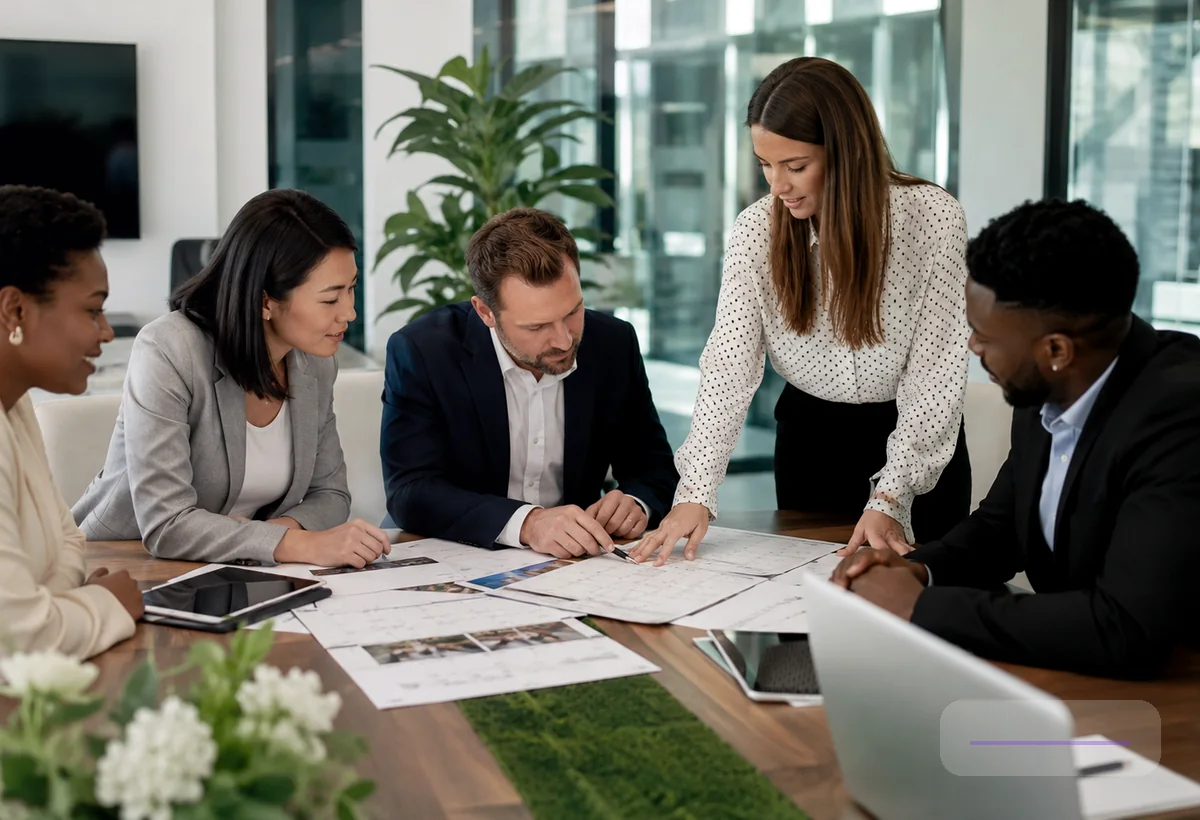 Professional group collaborating around a meeting table